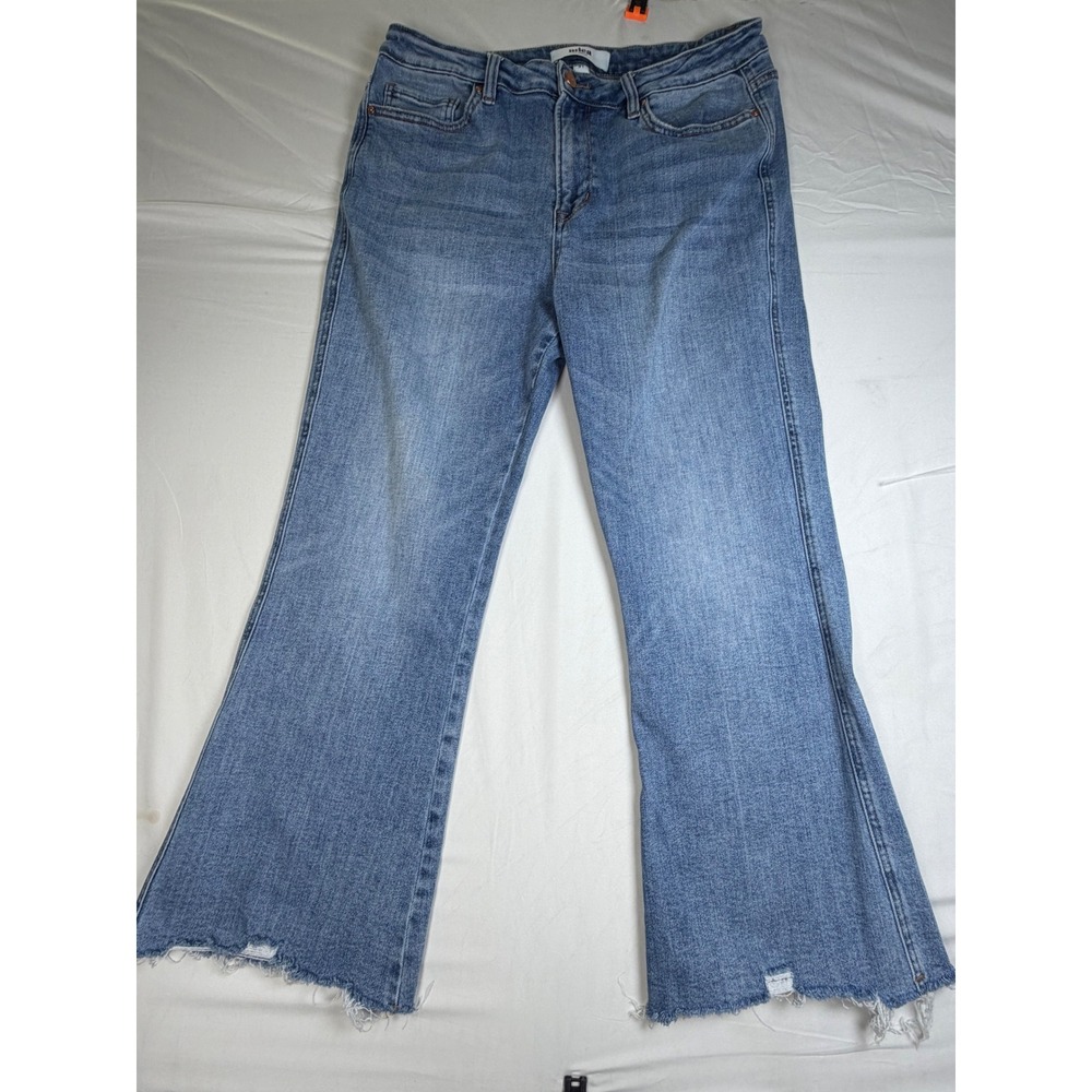 Mica Denim High Rise Flare Jeans Medium Wash Distressed Frayed Cut Hem 32x25